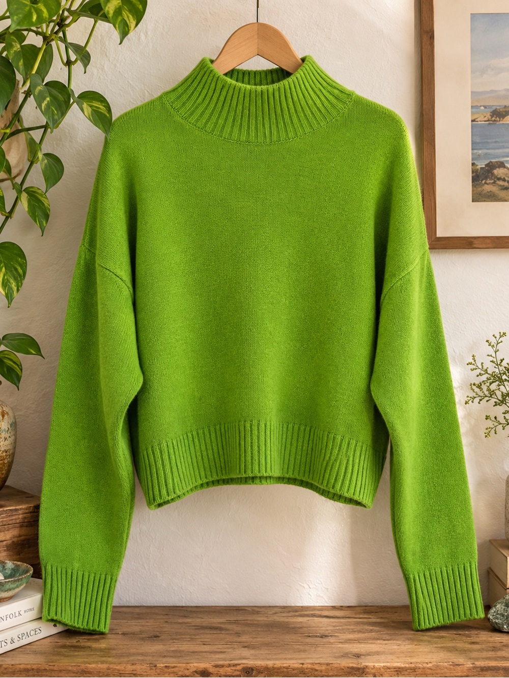 Zara Lime Green Oversized Mock Neck Wool Blend Sweater Size S